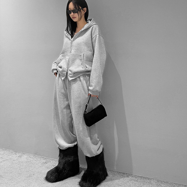 裏起毛ダブルジップ長袖ルーズスタッズポケットジップパーカー