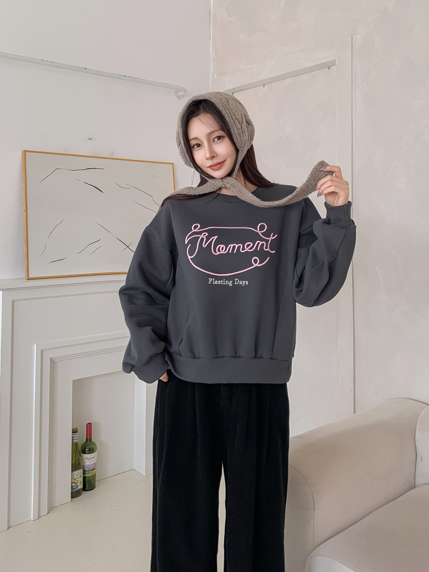 裏起毛ラウンドネックレタリング刺繍スウェット | 詳細画像2