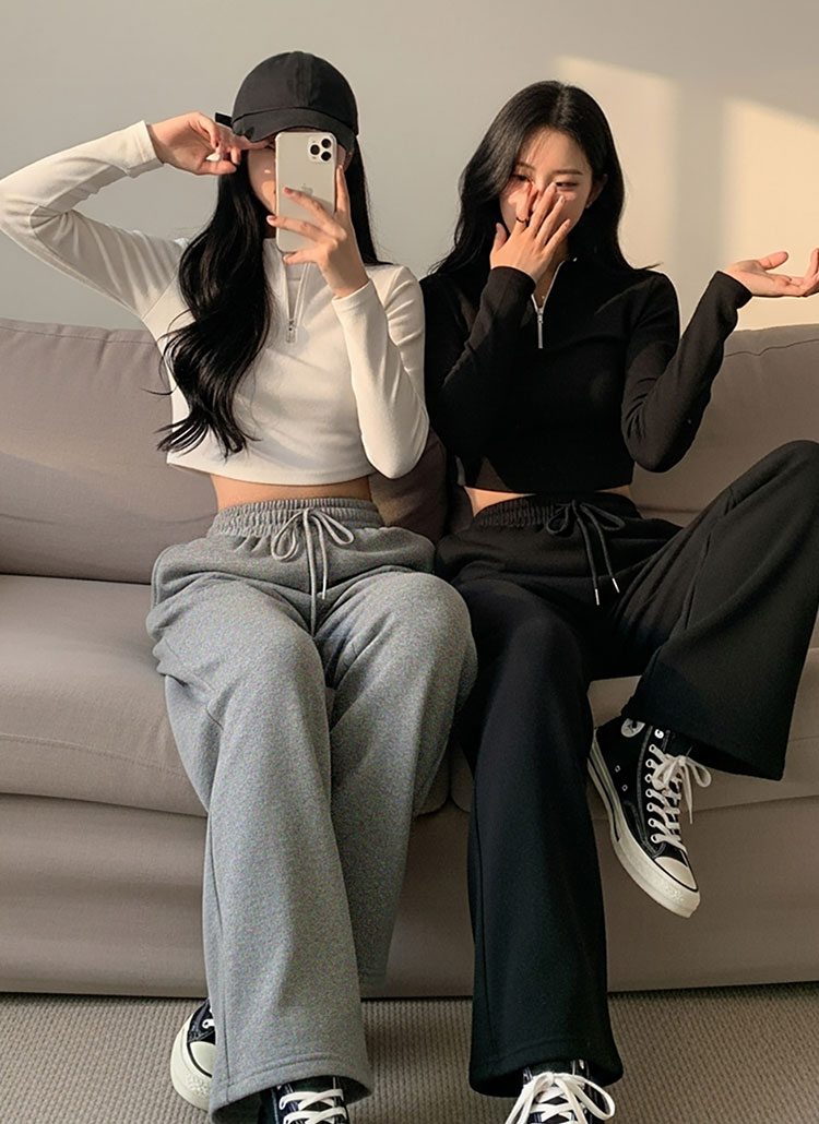 ファー裏地ドローストリングウエストゴムワイドパンツ[選べる丈