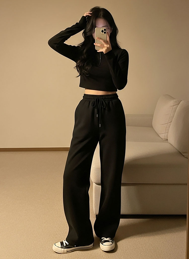 ファー裏地ドローストリングウエストゴムワイドパンツ[選べる丈