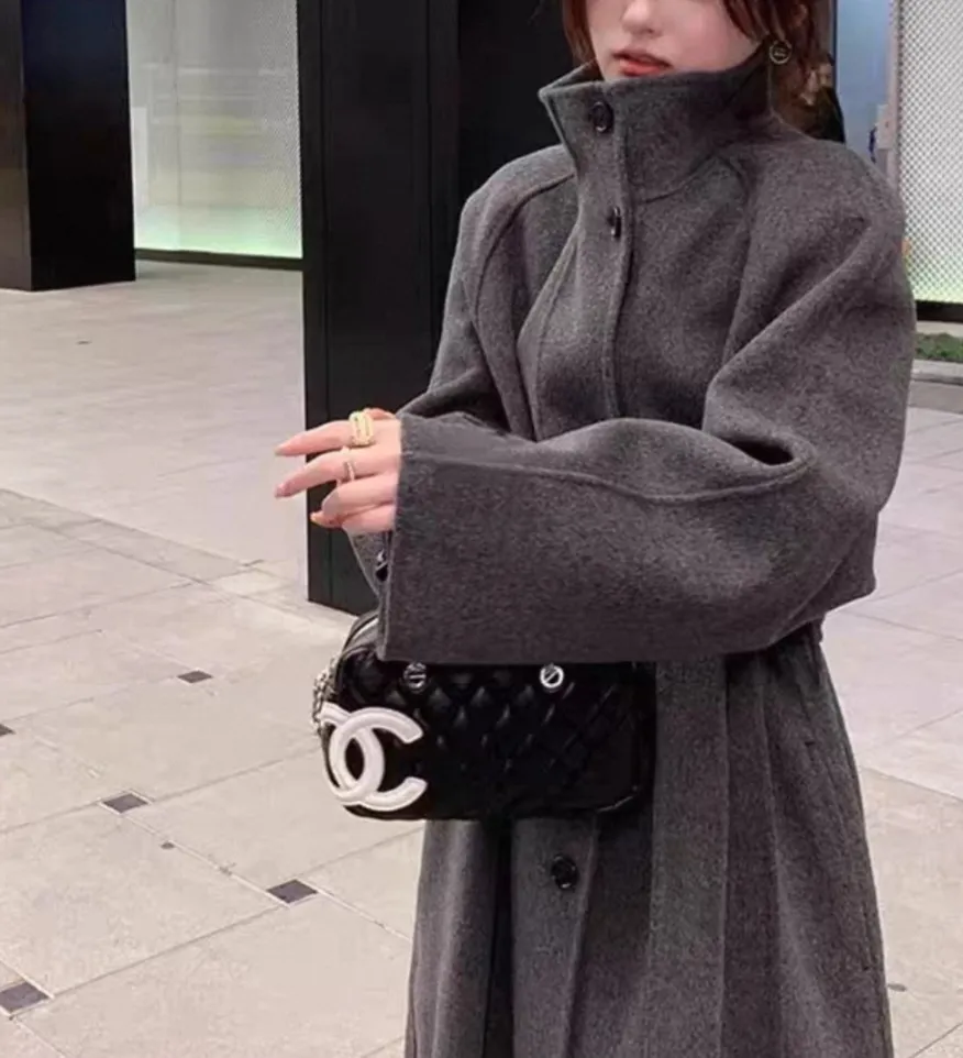 ウール混ボタンハイネックロングルーズ長袖コートストラップ付 | 詳細画像1