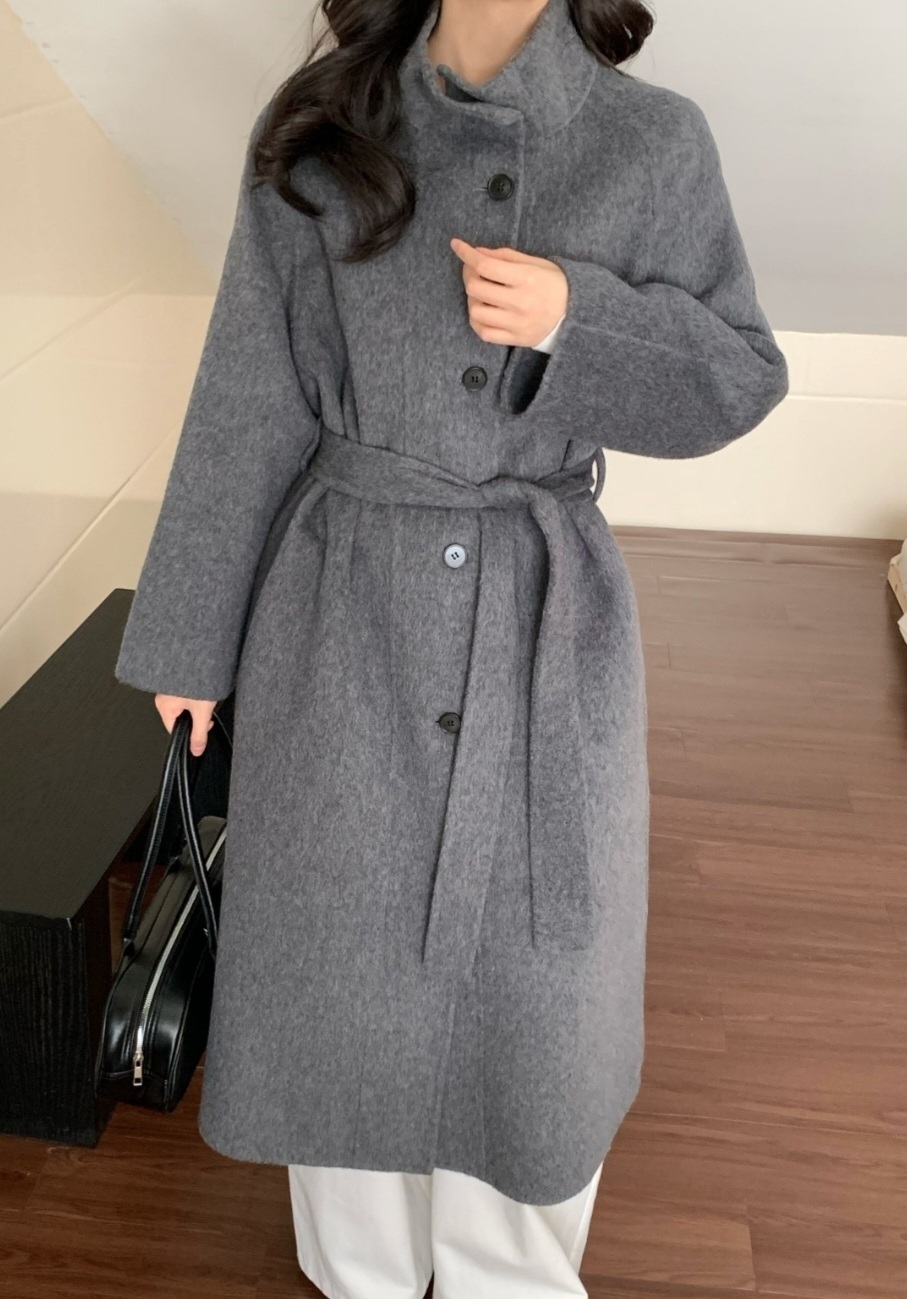 ウール混ボタンハイネックロングルーズ長袖コートストラップ付 | 詳細画像4