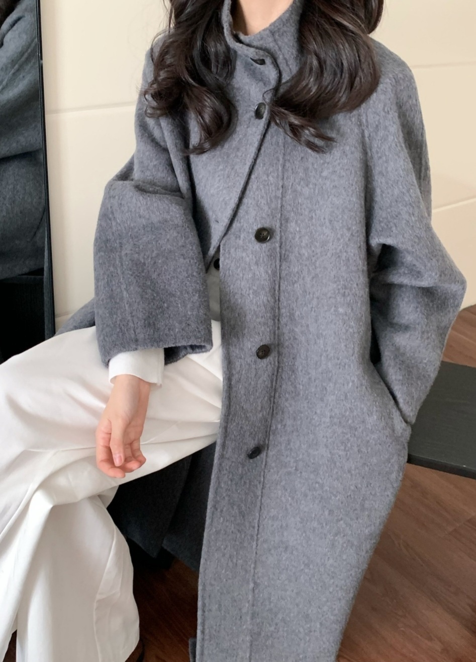 ウール混ボタンハイネックロングルーズ長袖コートストラップ付 | 詳細画像6