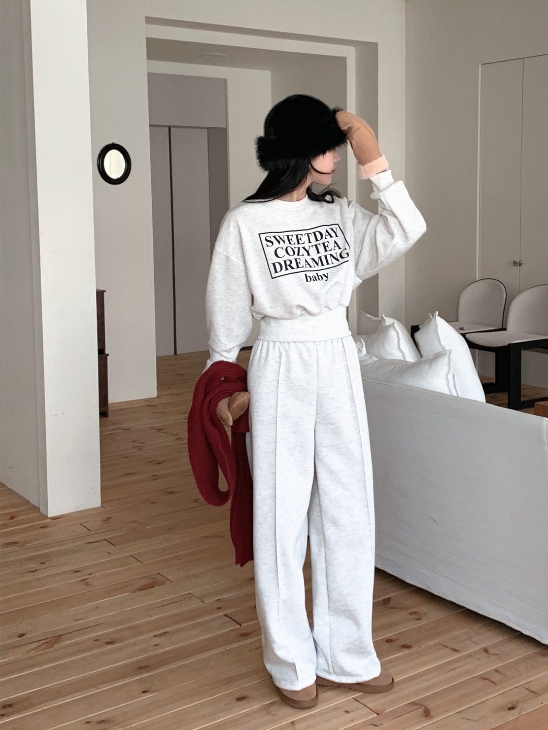 裏起毛ラウンドネックウエストゴムルーズ長袖ワイドロゴセットアップパンツスウェットトレーニング | 詳細画像6