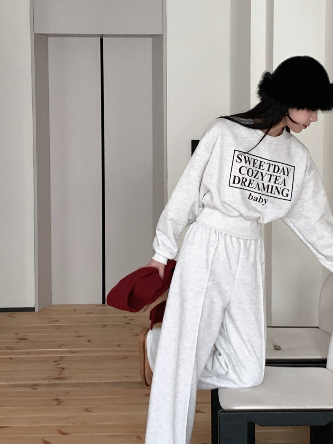 裏起毛ラウンドネックウエストゴムルーズ長袖ワイドロゴセットアップパンツスウェットトレーニング | 詳細画像7