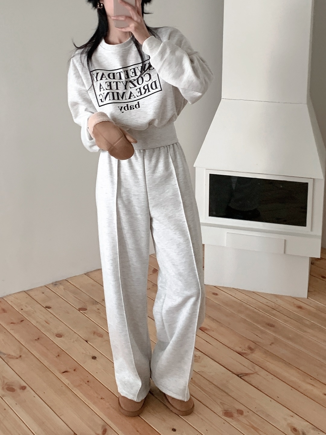 裏起毛ラウンドネックウエストゴムルーズ長袖ワイドロゴセットアップパンツスウェットトレーニング | 詳細画像8