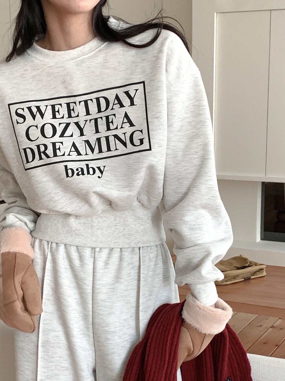 裏起毛ラウンドネックウエストゴムルーズ長袖ワイドロゴセットアップパンツスウェットトレーニング | 詳細画像9