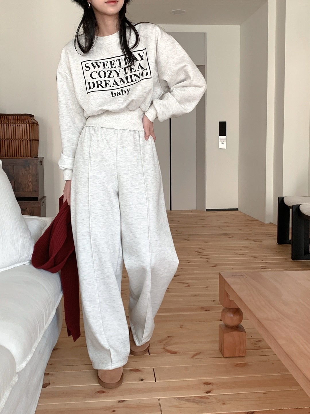 裏起毛ラウンドネックウエストゴムルーズ長袖ワイドロゴセットアップパンツスウェットトレーニング | 詳細画像10