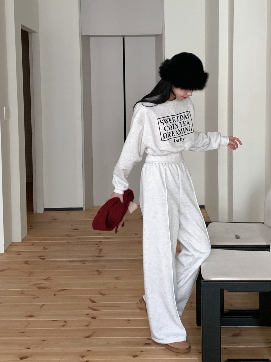 裏起毛ラウンドネックウエストゴムルーズ長袖ワイドロゴセットアップパンツスウェットトレーニング | 詳細画像11