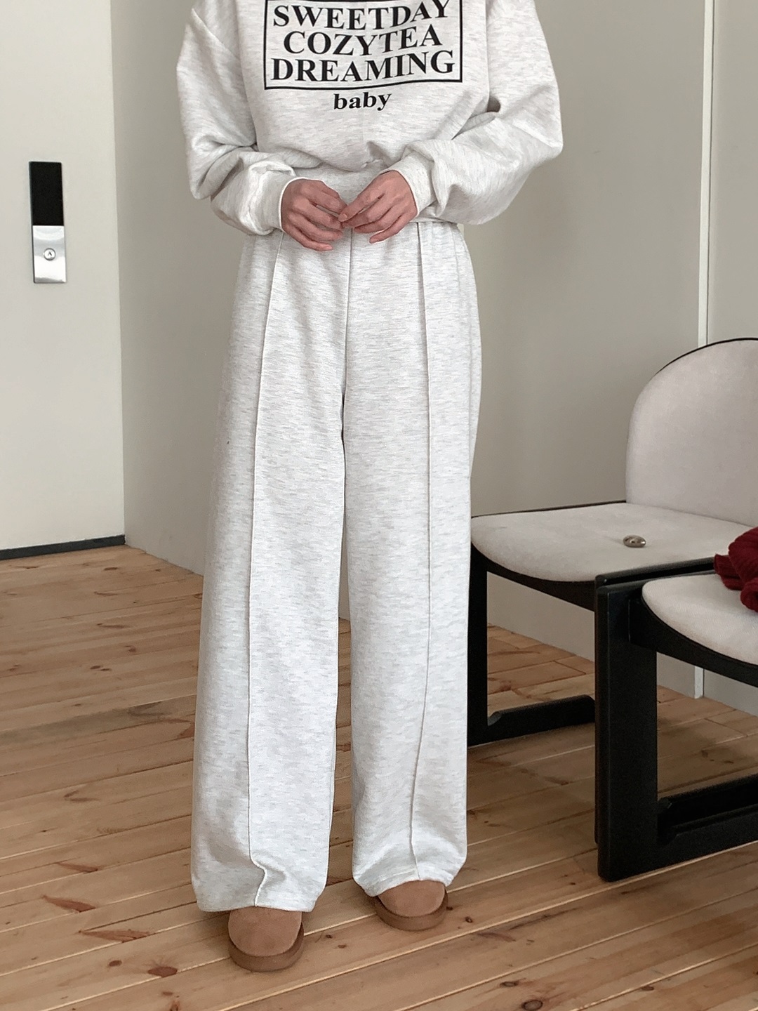 裏起毛ラウンドネックウエストゴムルーズ長袖ワイドロゴセットアップパンツスウェットトレーニング | 詳細画像12