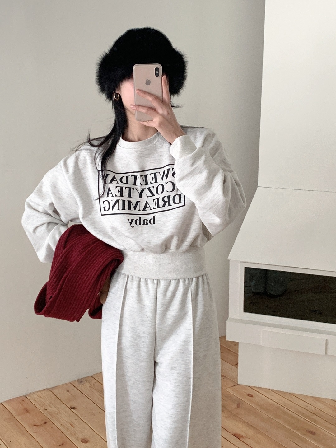 裏起毛ラウンドネックウエストゴムルーズ長袖ワイドロゴセットアップパンツスウェットトレーニング | 詳細画像13