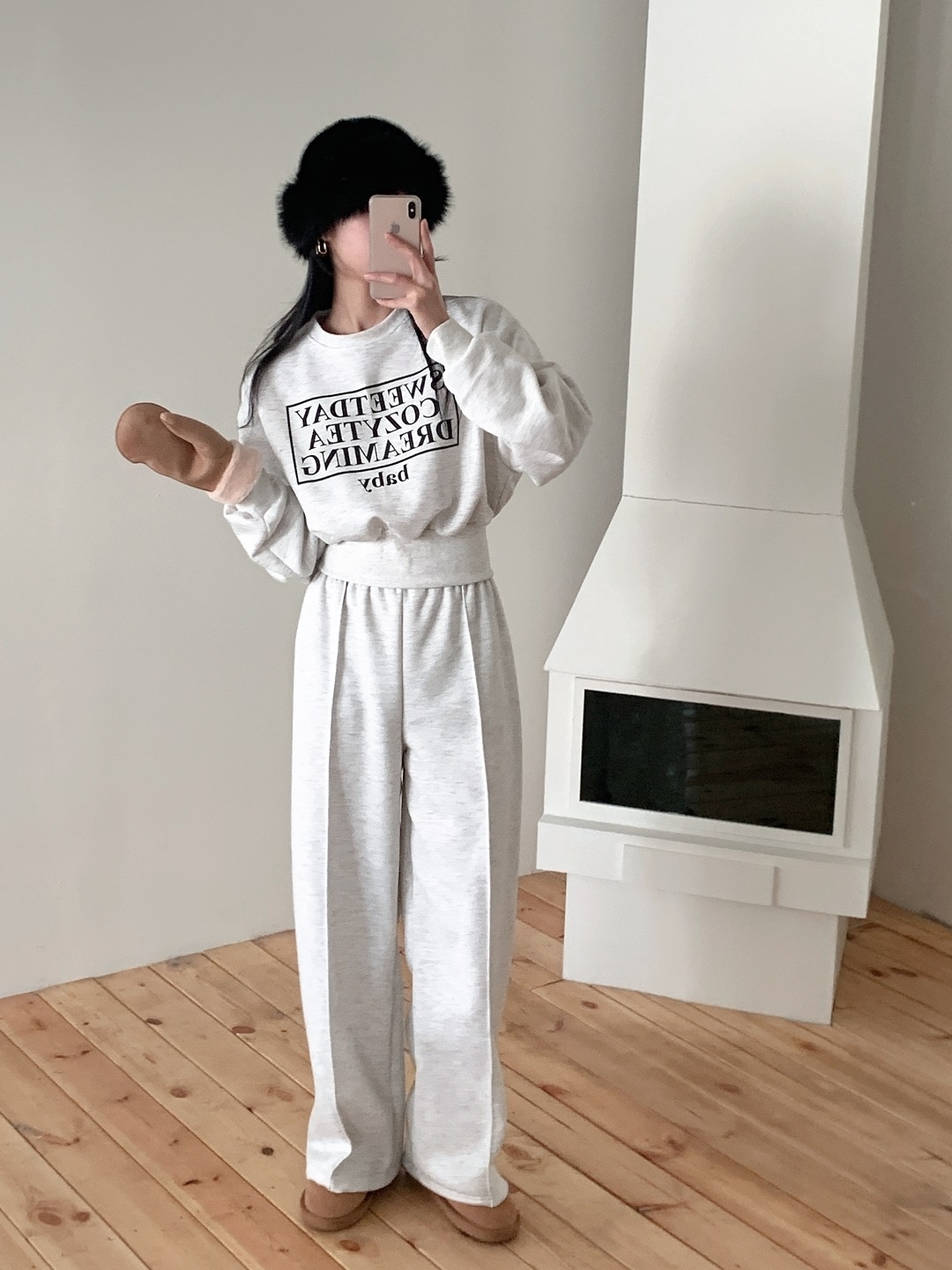 裏起毛ラウンドネックウエストゴムルーズ長袖ワイドロゴセットアップパンツスウェットトレーニング | 詳細画像14