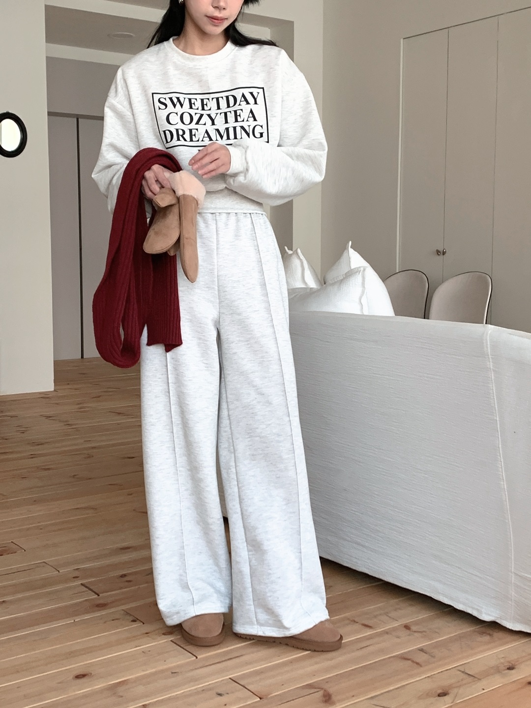 裏起毛ラウンドネックウエストゴムルーズ長袖ワイドロゴセットアップパンツスウェットトレーニング | 詳細画像15