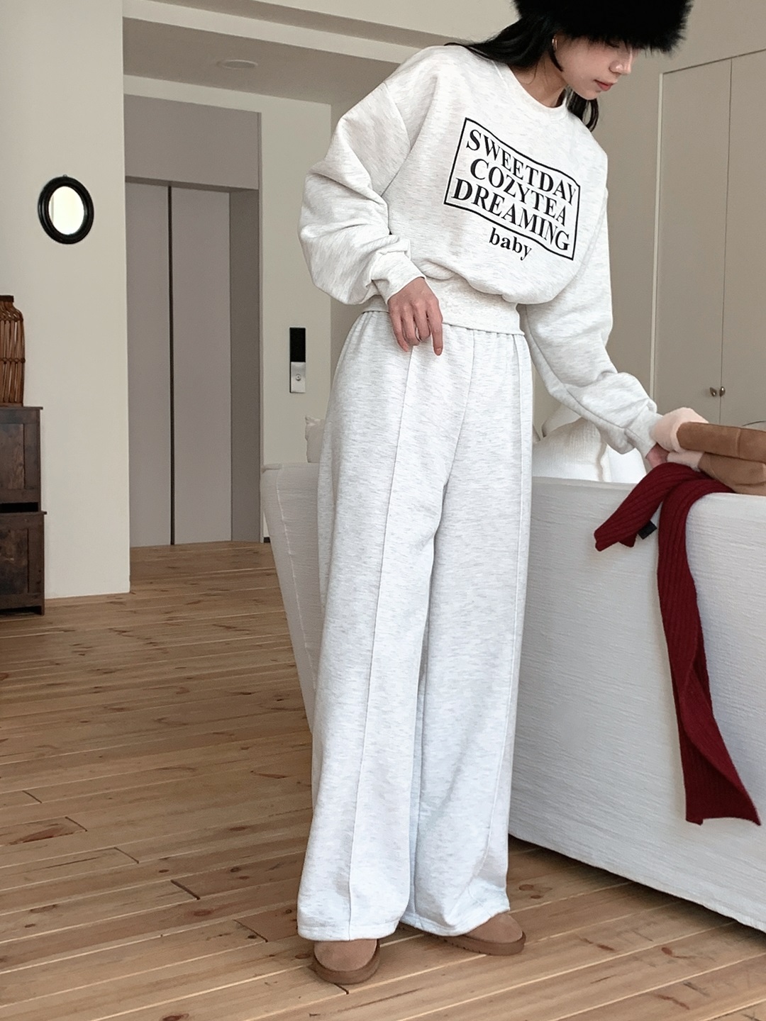 裏起毛ラウンドネックウエストゴムルーズ長袖ワイドロゴセットアップパンツスウェットトレーニング | 詳細画像16