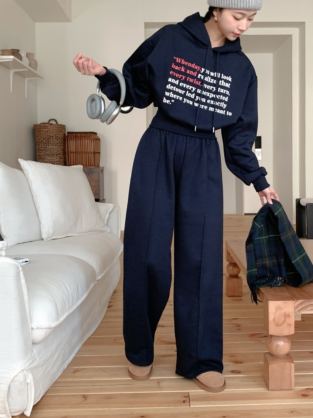 裏起毛フードウエストゴム長袖ワイドレタリングセットアップパンツジップパーカー | 詳細画像2