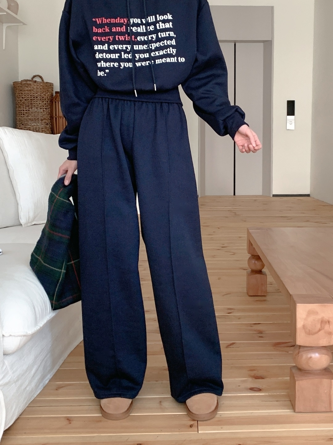 裏起毛フードウエストゴム長袖ワイドレタリングセットアップパンツジップパーカー | 詳細画像3