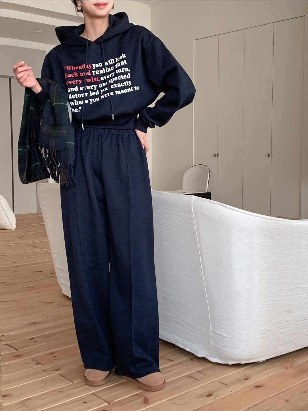 裏起毛フードウエストゴム長袖ワイドレタリングセットアップパンツジップパーカー | 詳細画像4