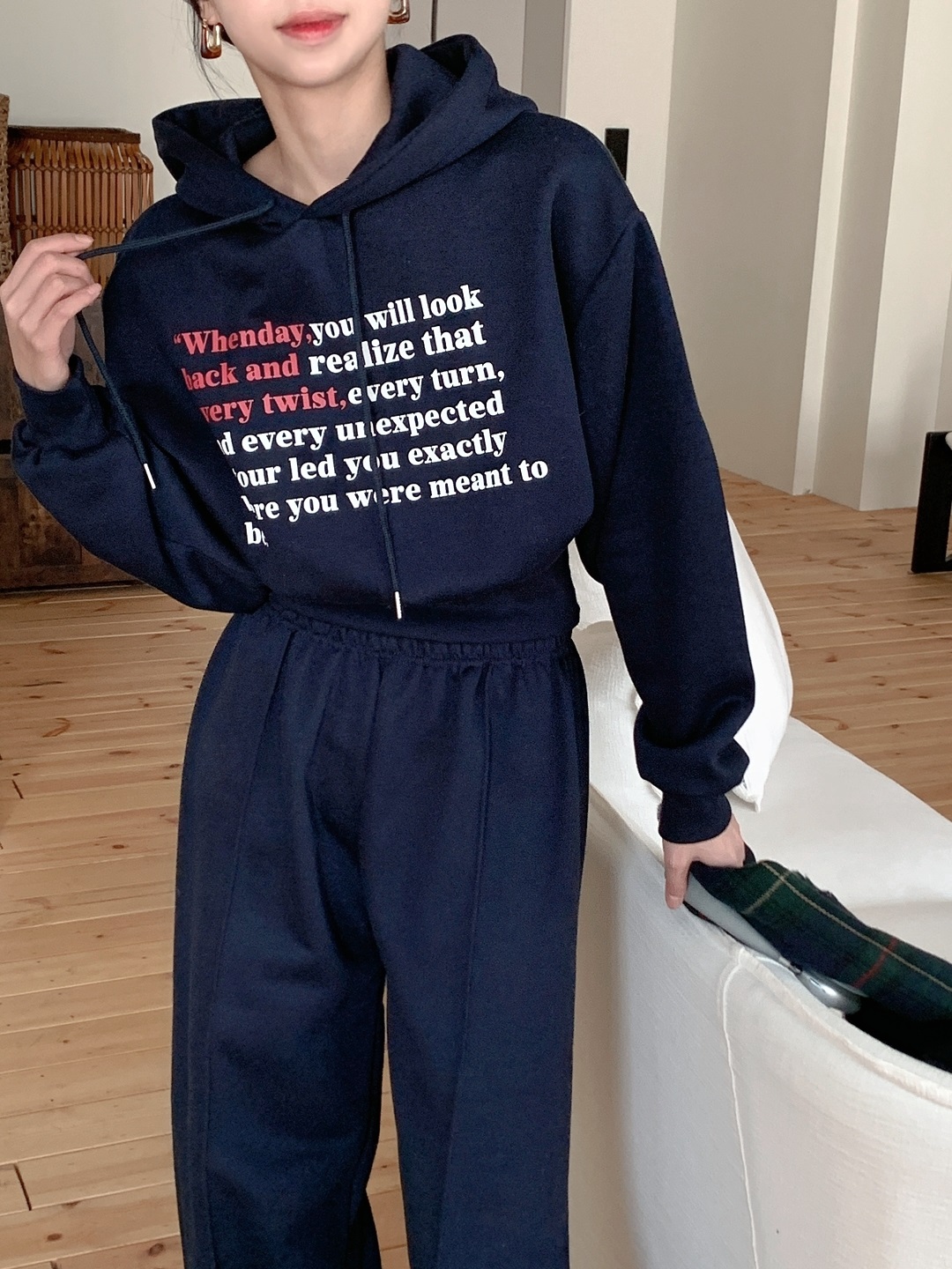 裏起毛フードウエストゴム長袖ワイドレタリングセットアップパンツジップパーカー | 詳細画像5