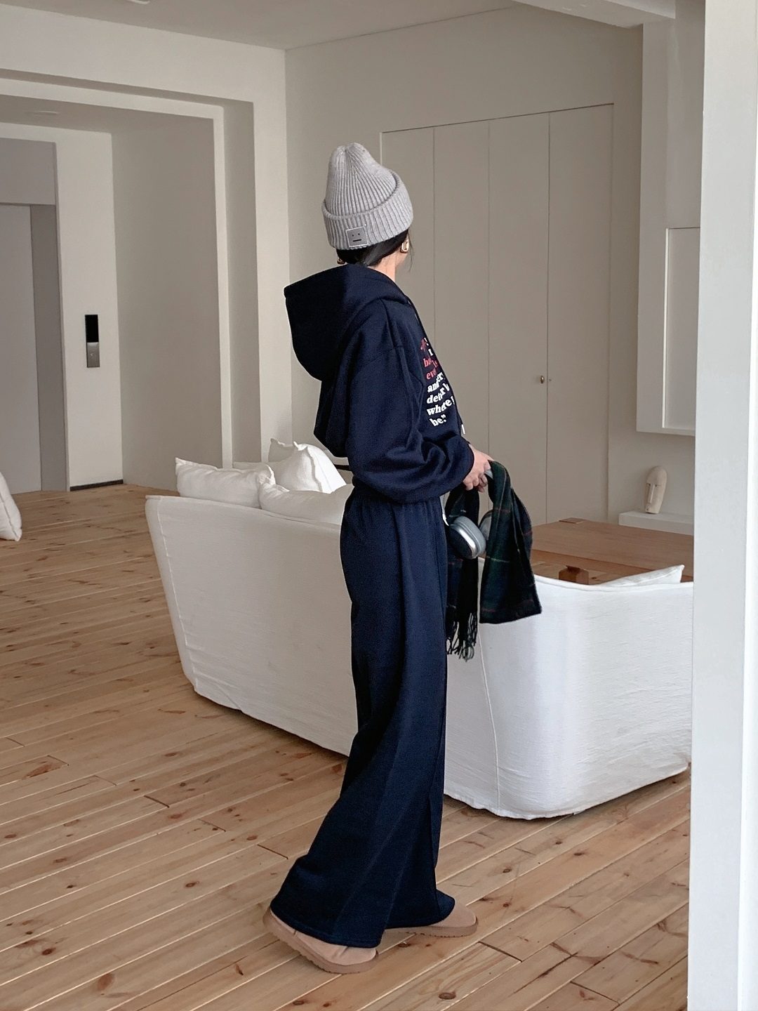 裏起毛フードウエストゴム長袖ワイドレタリングセットアップパンツジップパーカー | 詳細画像7