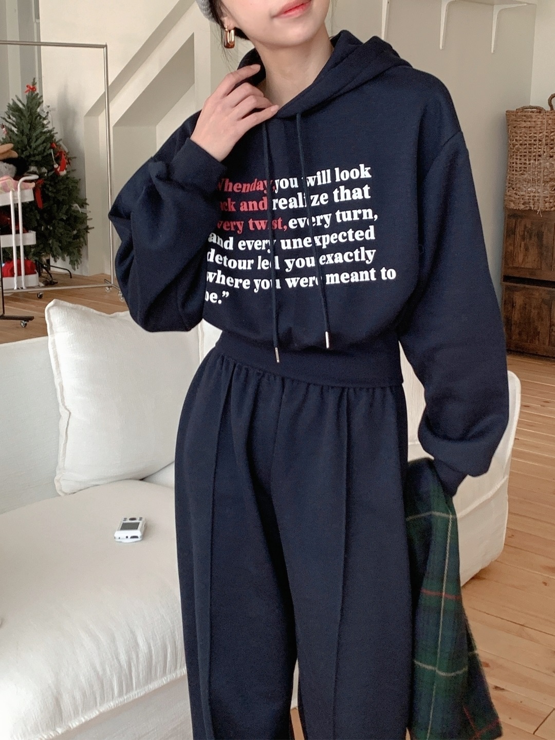 裏起毛フードウエストゴム長袖ワイドレタリングセットアップパンツジップパーカー | 詳細画像8