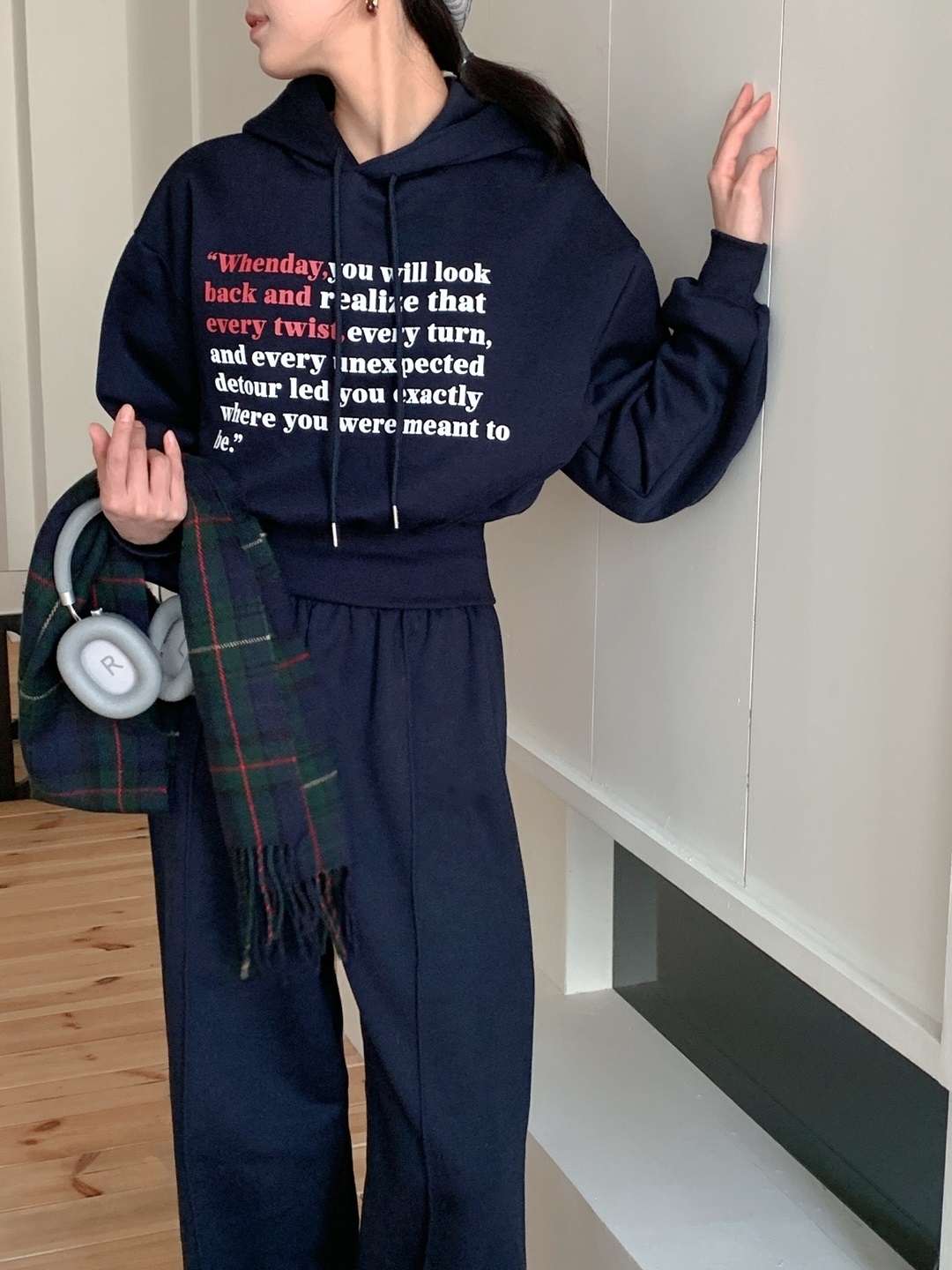 裏起毛フードウエストゴム長袖ワイドレタリングセットアップパンツジップパーカー | 詳細画像9