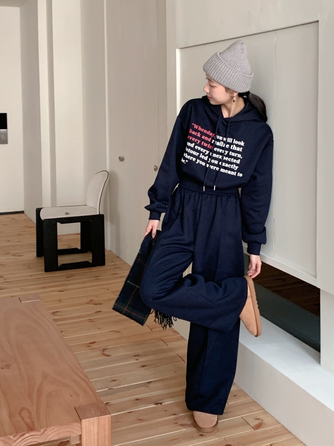 裏起毛フードウエストゴム長袖ワイドレタリングセットアップパンツジップパーカー | 詳細画像10