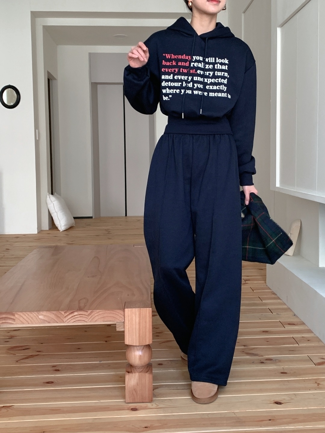 裏起毛フードウエストゴム長袖ワイドレタリングセットアップパンツジップパーカー | 詳細画像12