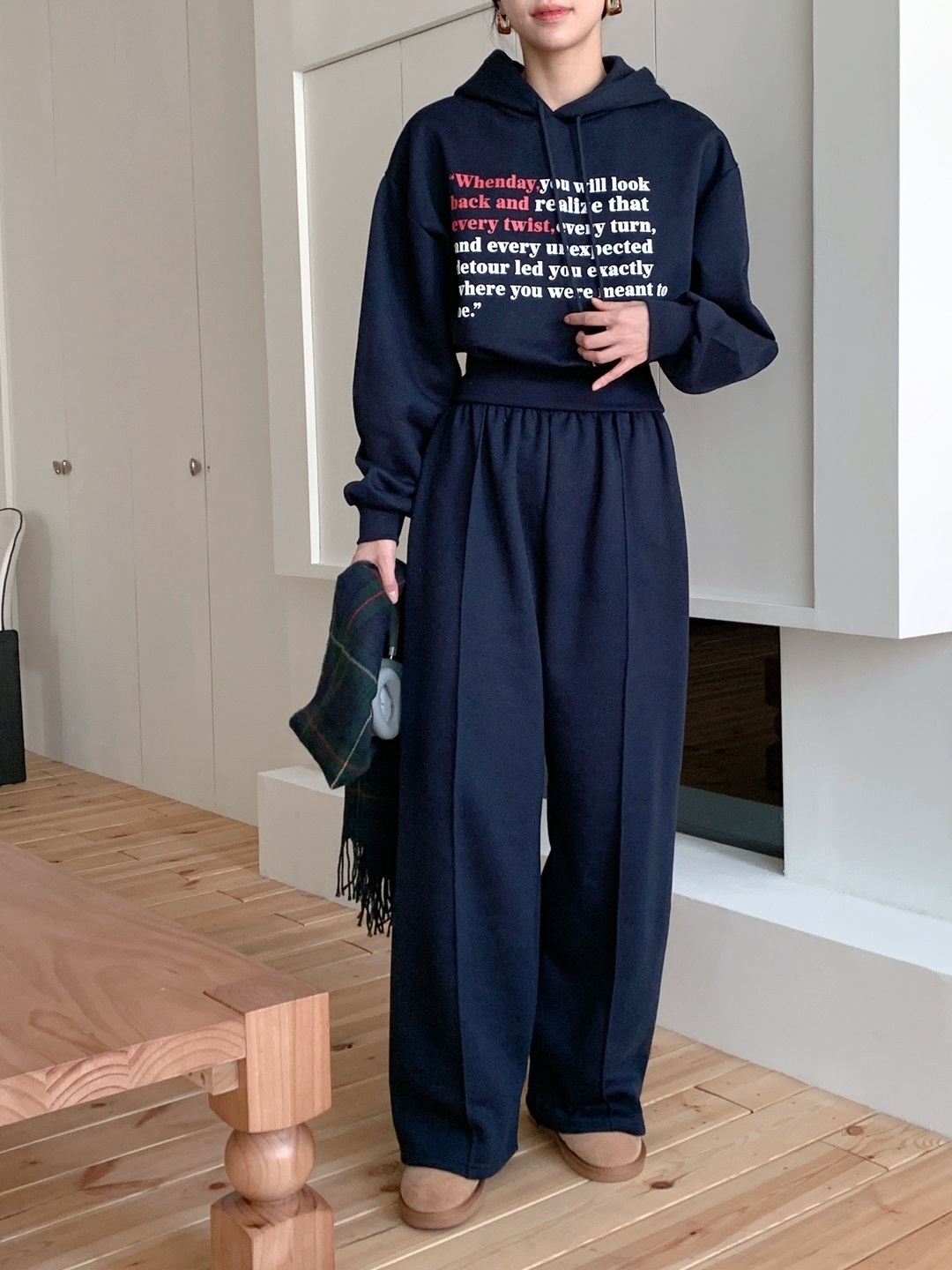 裏起毛フードウエストゴム長袖ワイドレタリングセットアップパンツジップパーカー | 詳細画像11