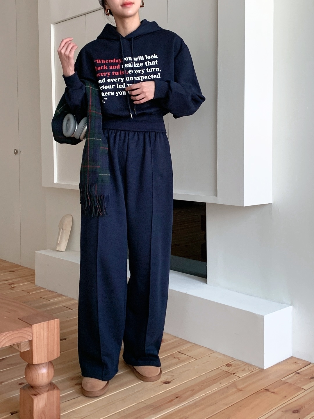 裏起毛フードウエストゴム長袖ワイドレタリングセットアップパンツジップパーカー | 詳細画像13