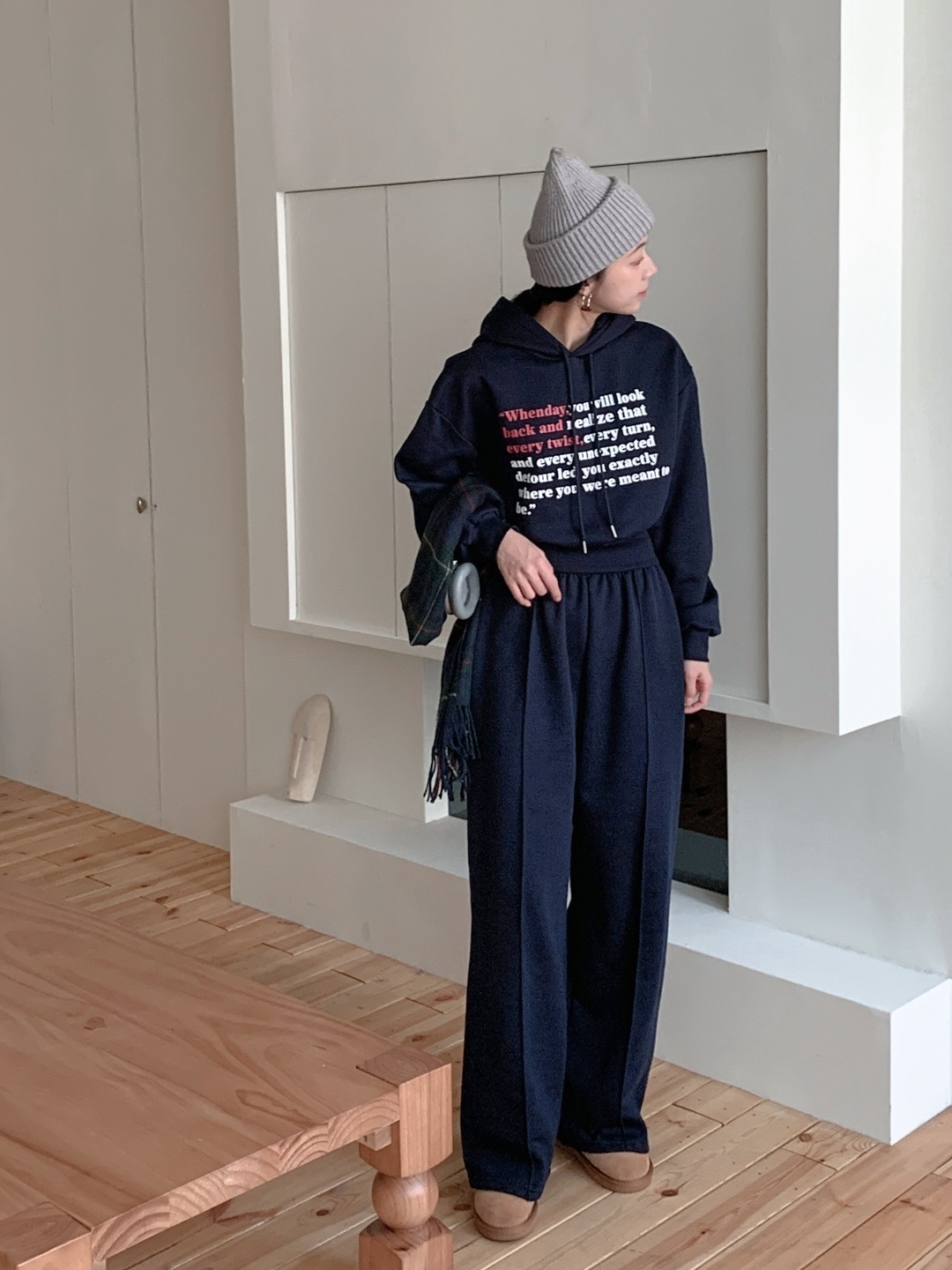 裏起毛フードウエストゴム長袖ワイドレタリングセットアップパンツジップパーカー | 詳細画像15