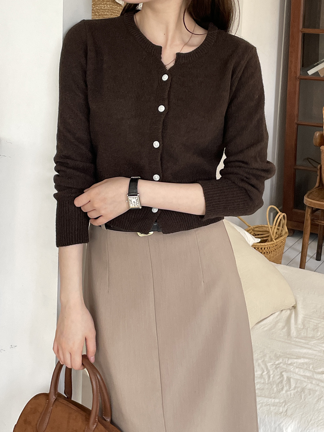 ウール混ボタンヘンリーネック長袖カーディガン | 詳細画像5