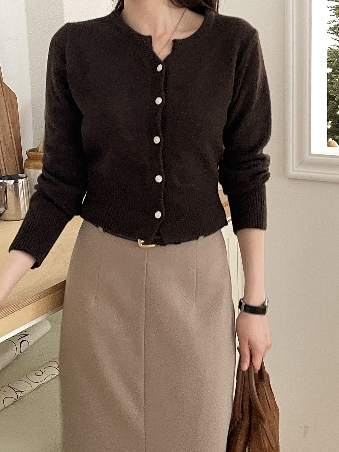 ウール混ボタンヘンリーネック長袖カーディガン | 詳細画像4