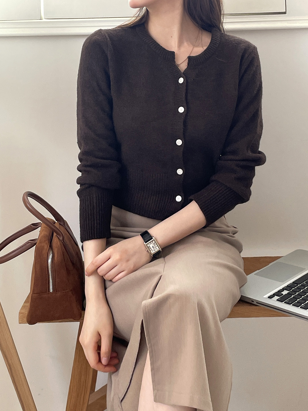 ウール混ボタンヘンリーネック長袖カーディガン | 詳細画像7