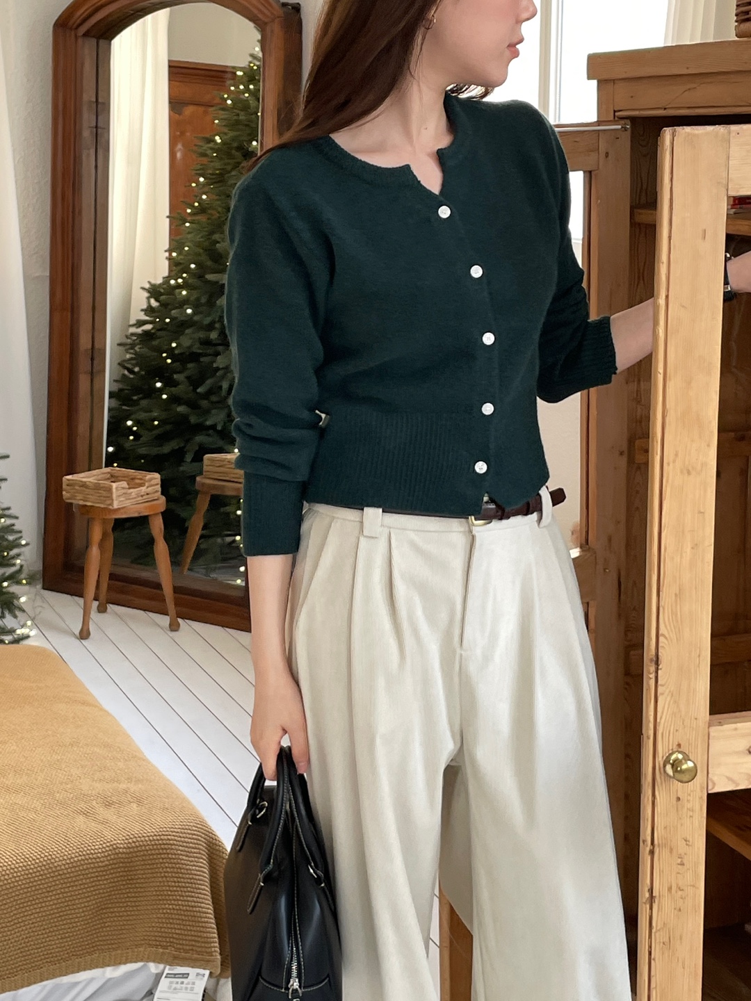 ウール混ボタンヘンリーネック長袖カーディガン | 詳細画像3