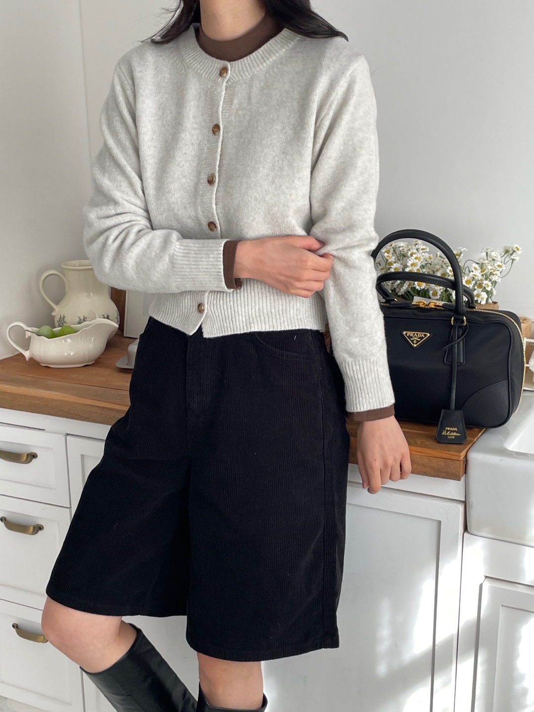 ウール混ボタンラウンドネック長袖カーディガン | 詳細画像3