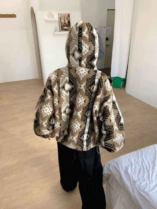 ボアフード長袖ルーズジップアップボクシーエスニックジャンパージップ