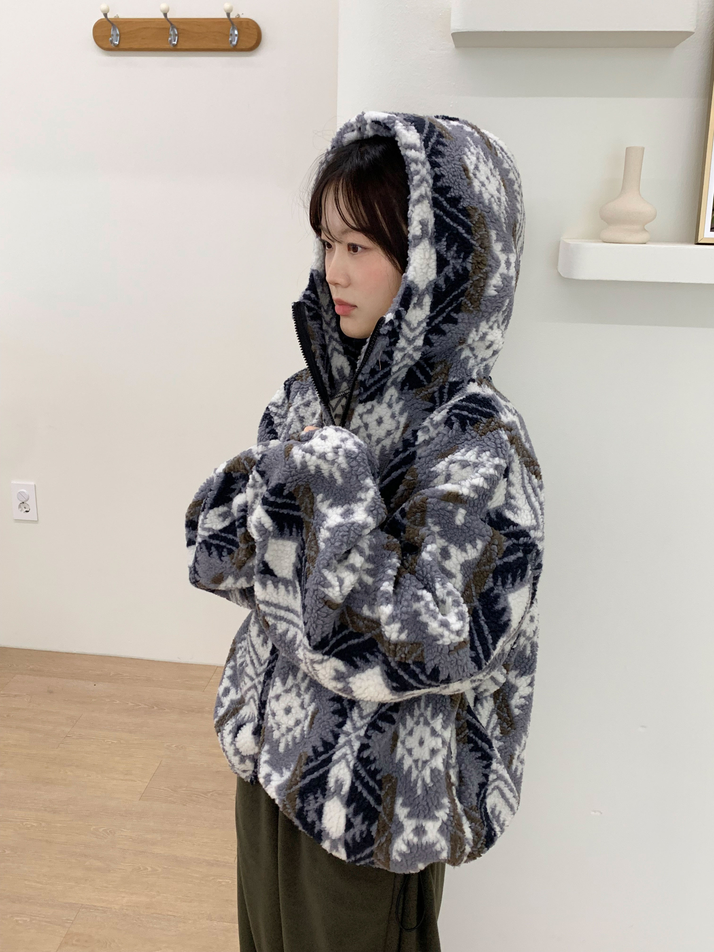 ボアフード長袖ルーズジップアップボクシーエスニックジャンパージップ