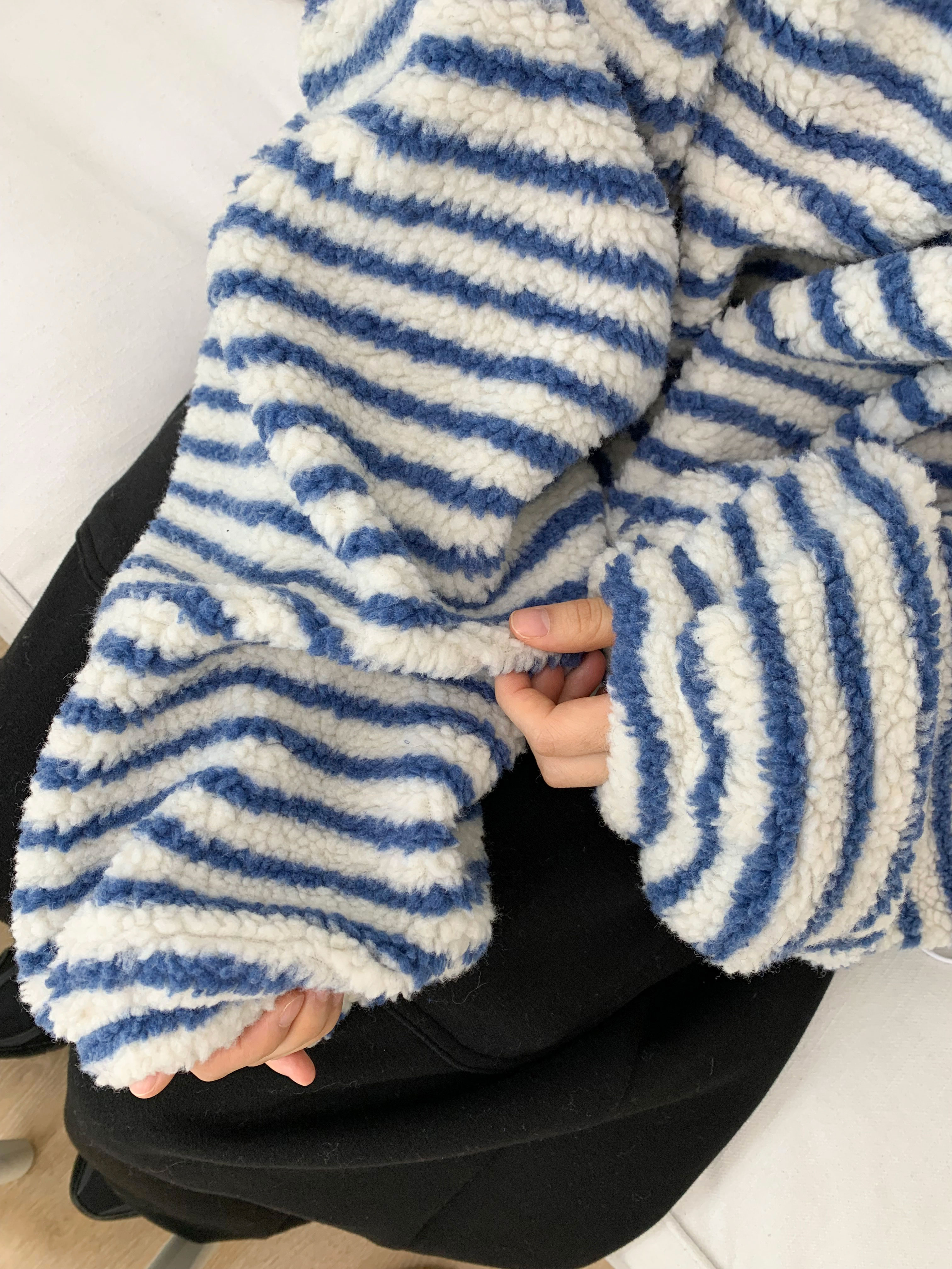 alice auaa ボーダー フーディー パーカー 長袖 ボアフード長袖ルーズジップアップボーダージップパーカー