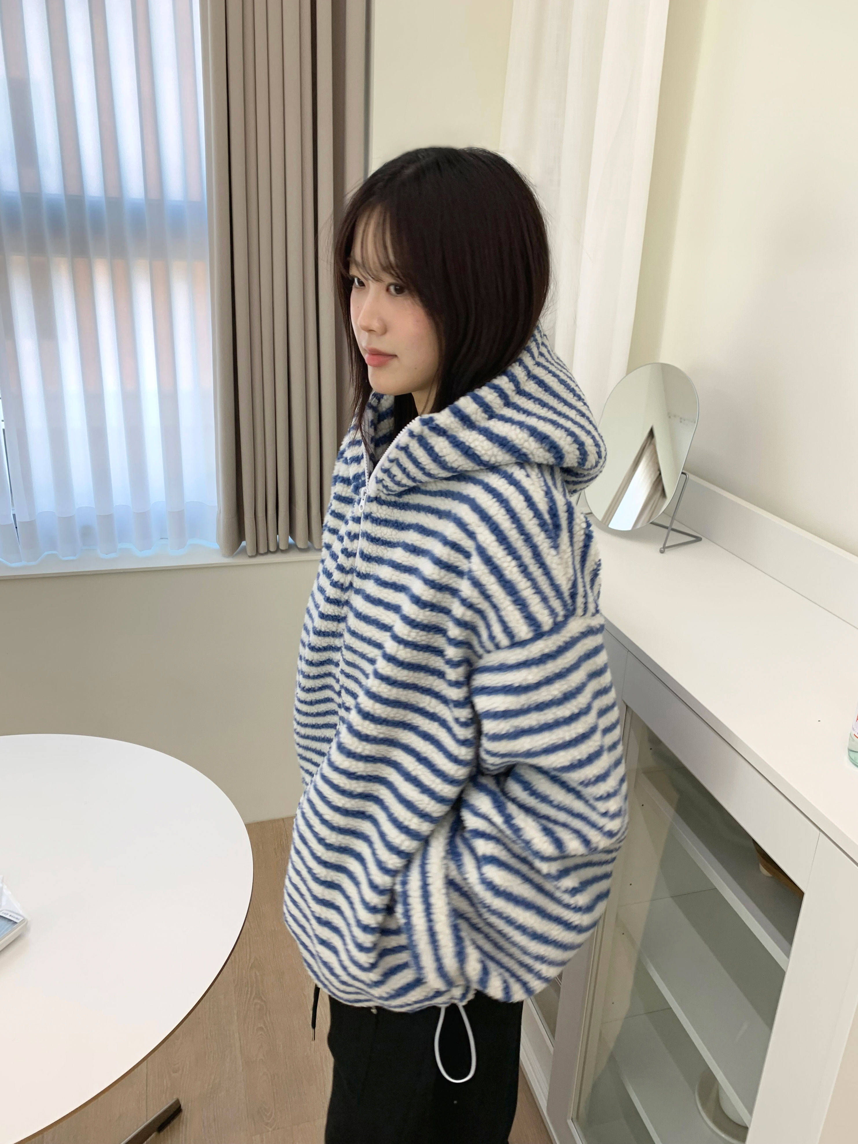 ボアフード長袖ルーズジップアップボーダージップパーカー