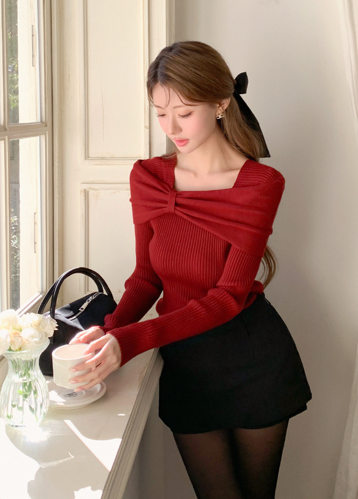 ストレッチスリム長袖リボン柄ニット | レディースファッション通販