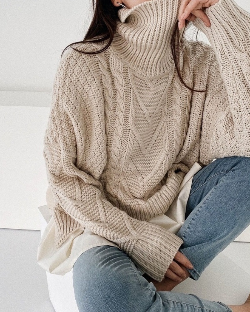 タートルネックレイヤード風フレアケーブルカラーニット | 詳細画像3