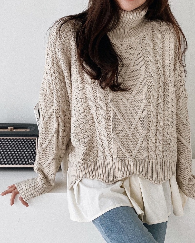 タートルネックレイヤード風フレアケーブルカラーニット | 詳細画像5