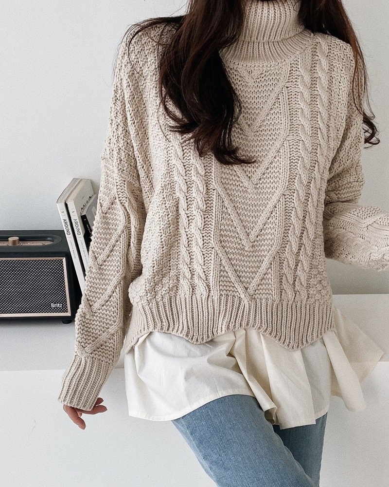 タートルネックレイヤード風フレアケーブルカラーニット | 詳細画像7