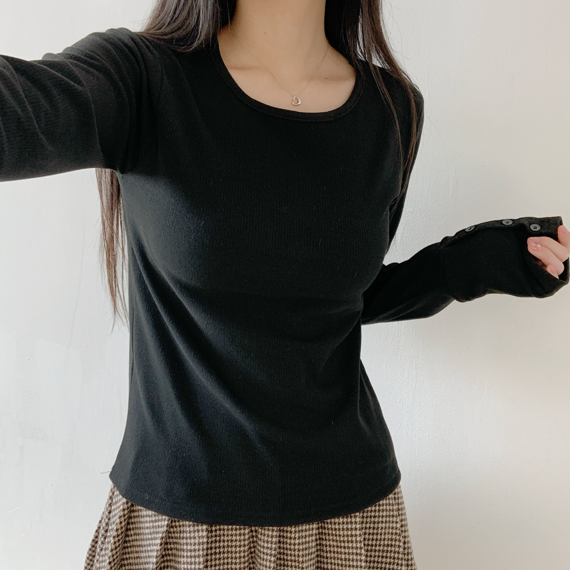 リブラウンドネックボタンスリーブカラーTシャツ | 詳細画像19