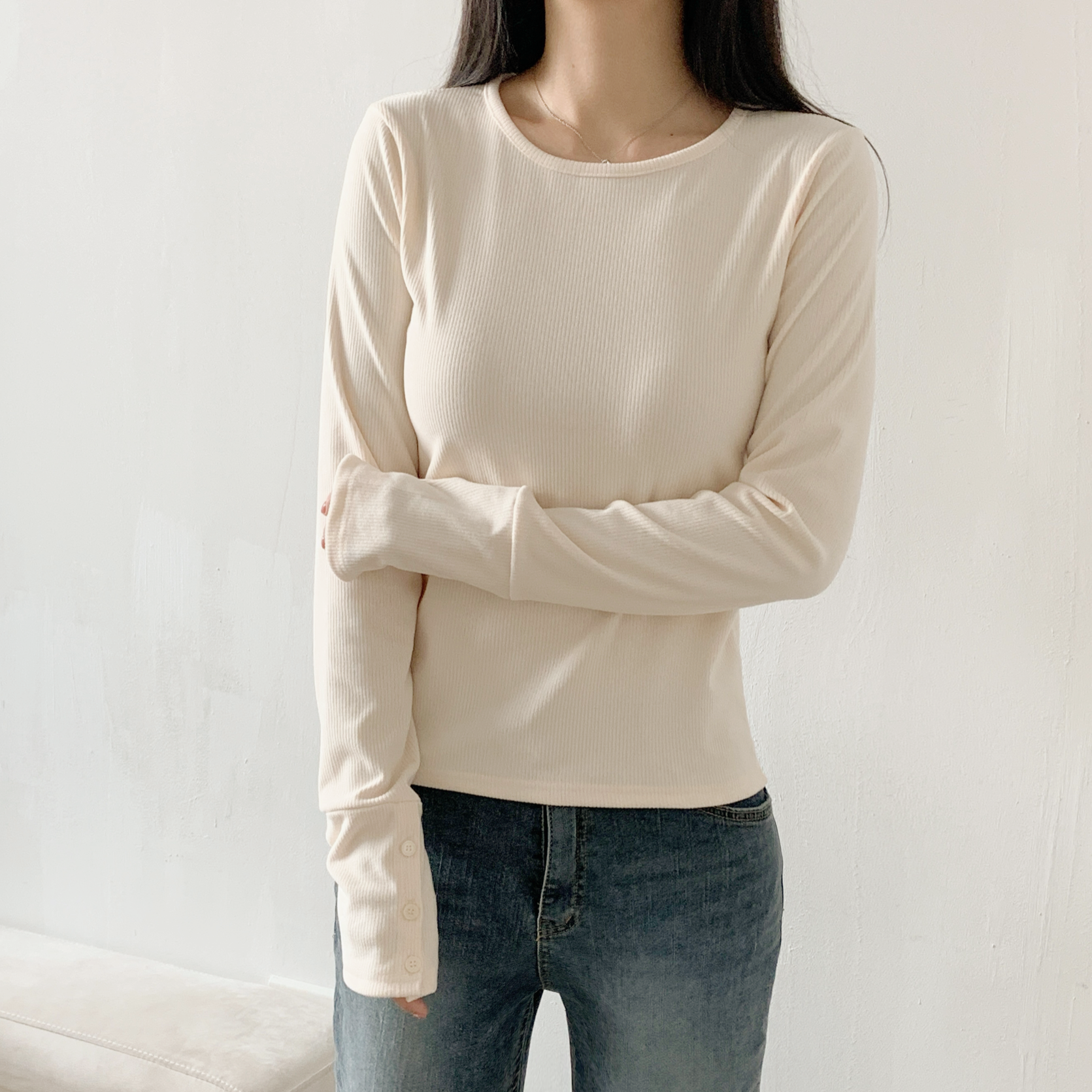 リブラウンドネックボタンスリーブカラーTシャツ | 詳細画像10