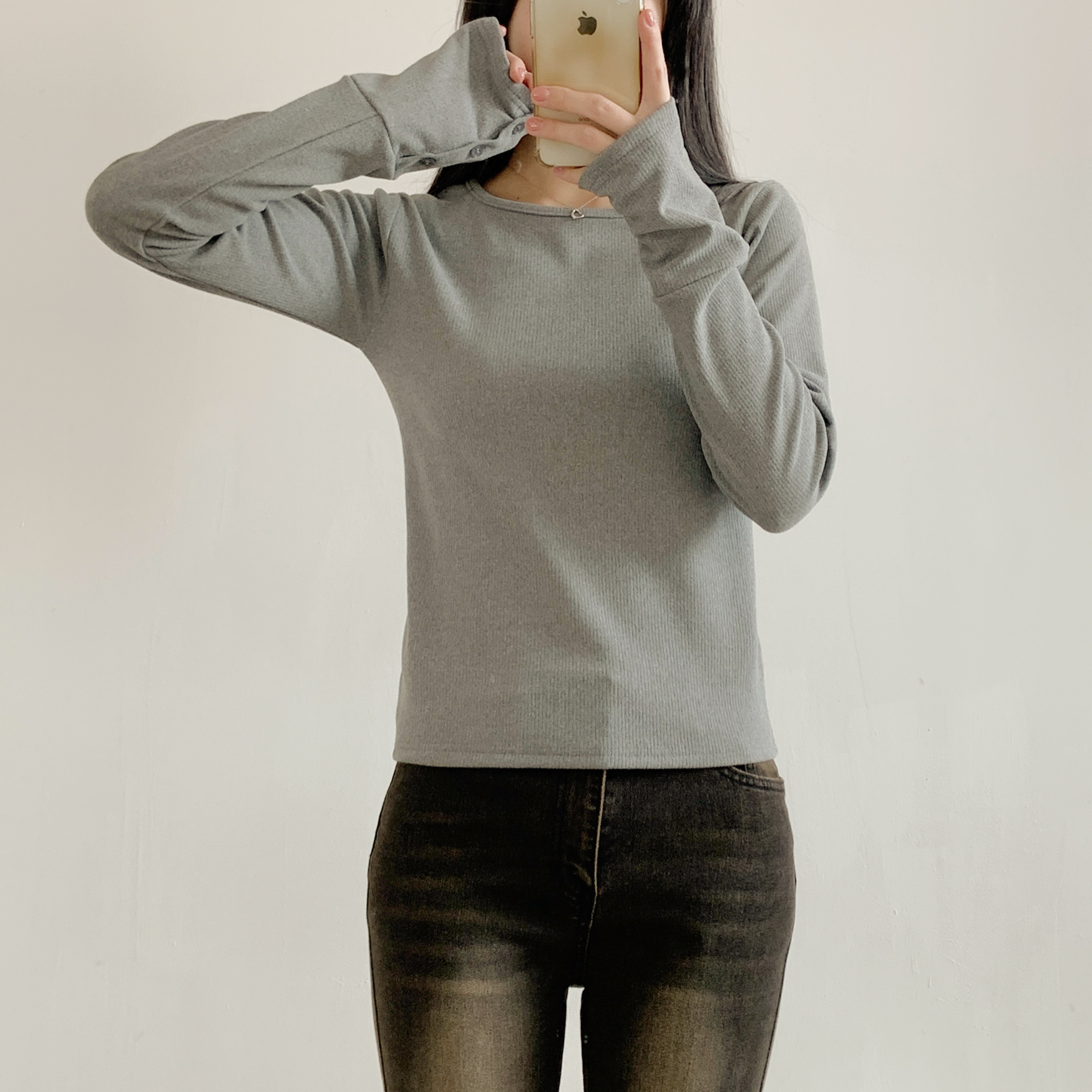 リブラウンドネックボタンスリーブカラーTシャツ | 詳細画像2