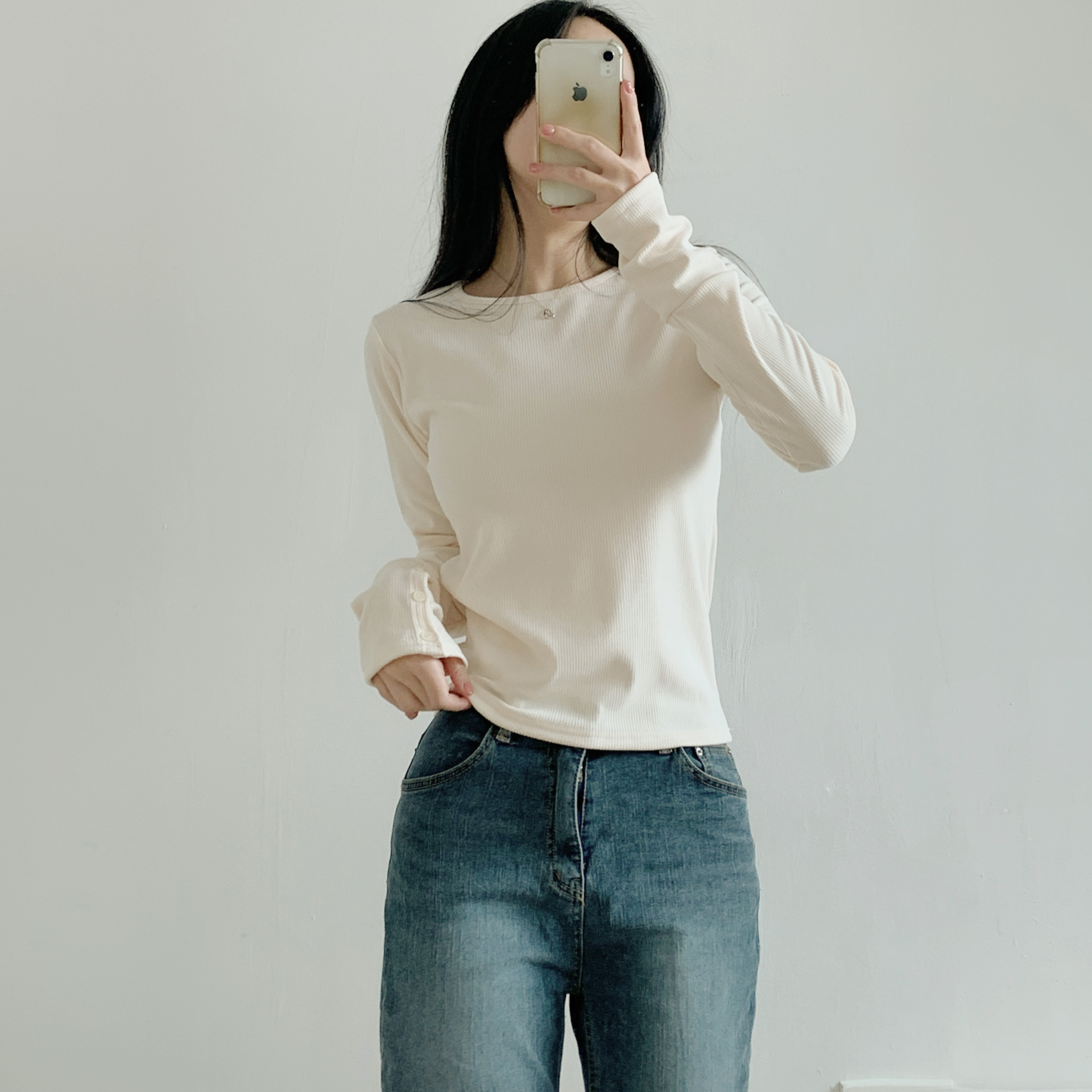 リブラウンドネックボタンスリーブカラーTシャツ | 詳細画像9