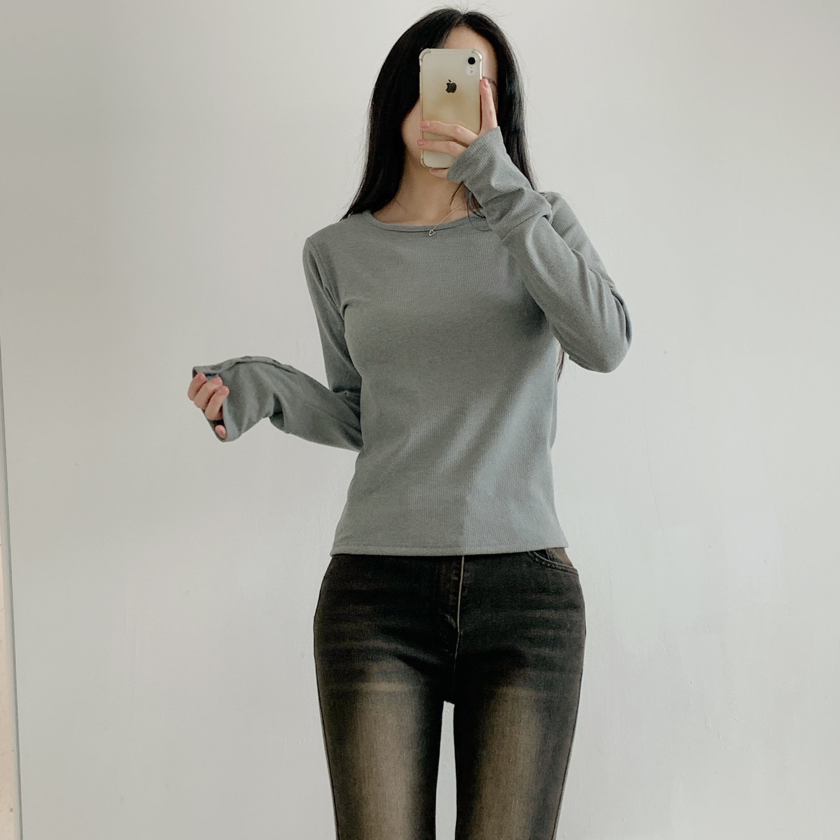 リブラウンドネックボタンスリーブカラーTシャツ | 詳細画像8