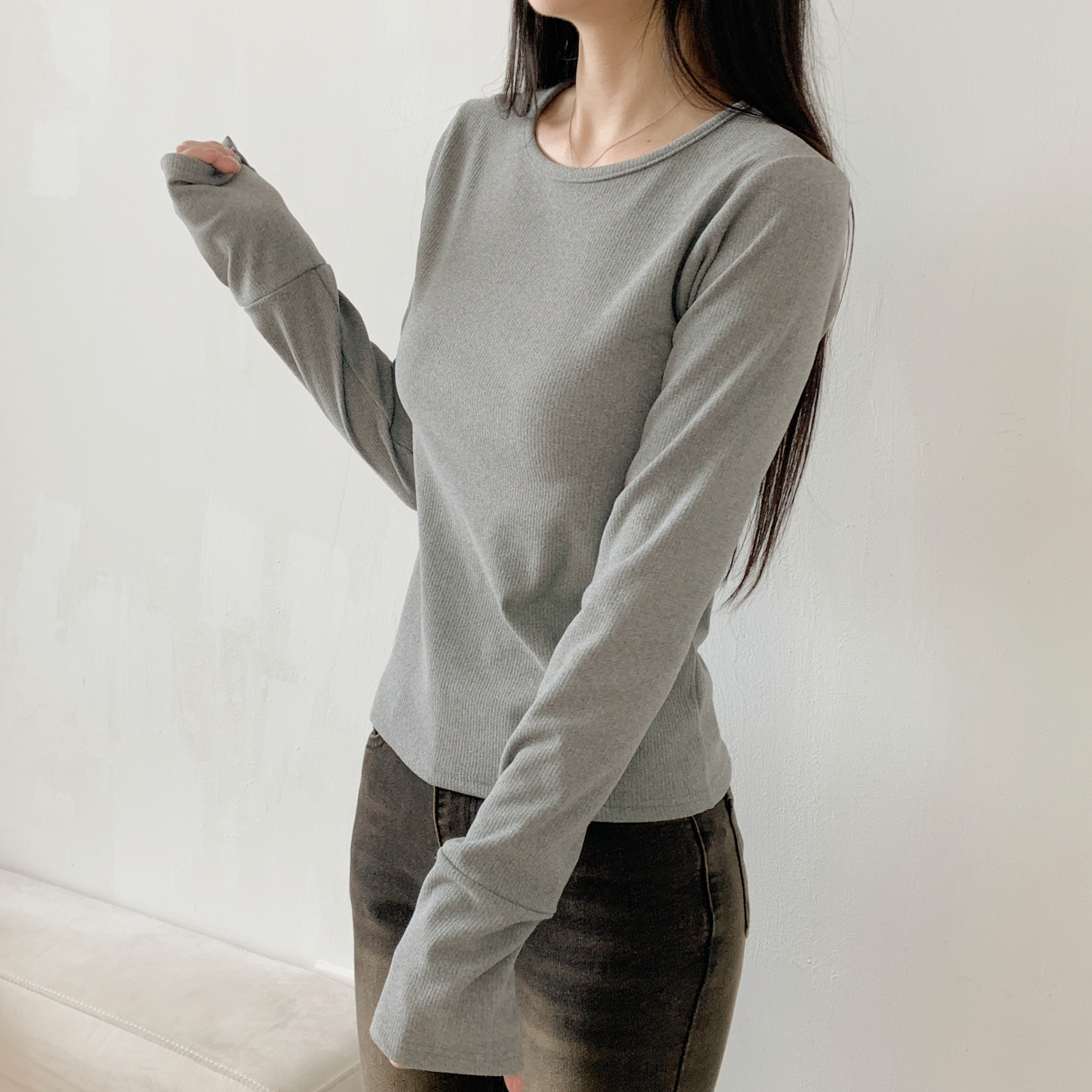 リブラウンドネックボタンスリーブカラーTシャツ | 詳細画像6