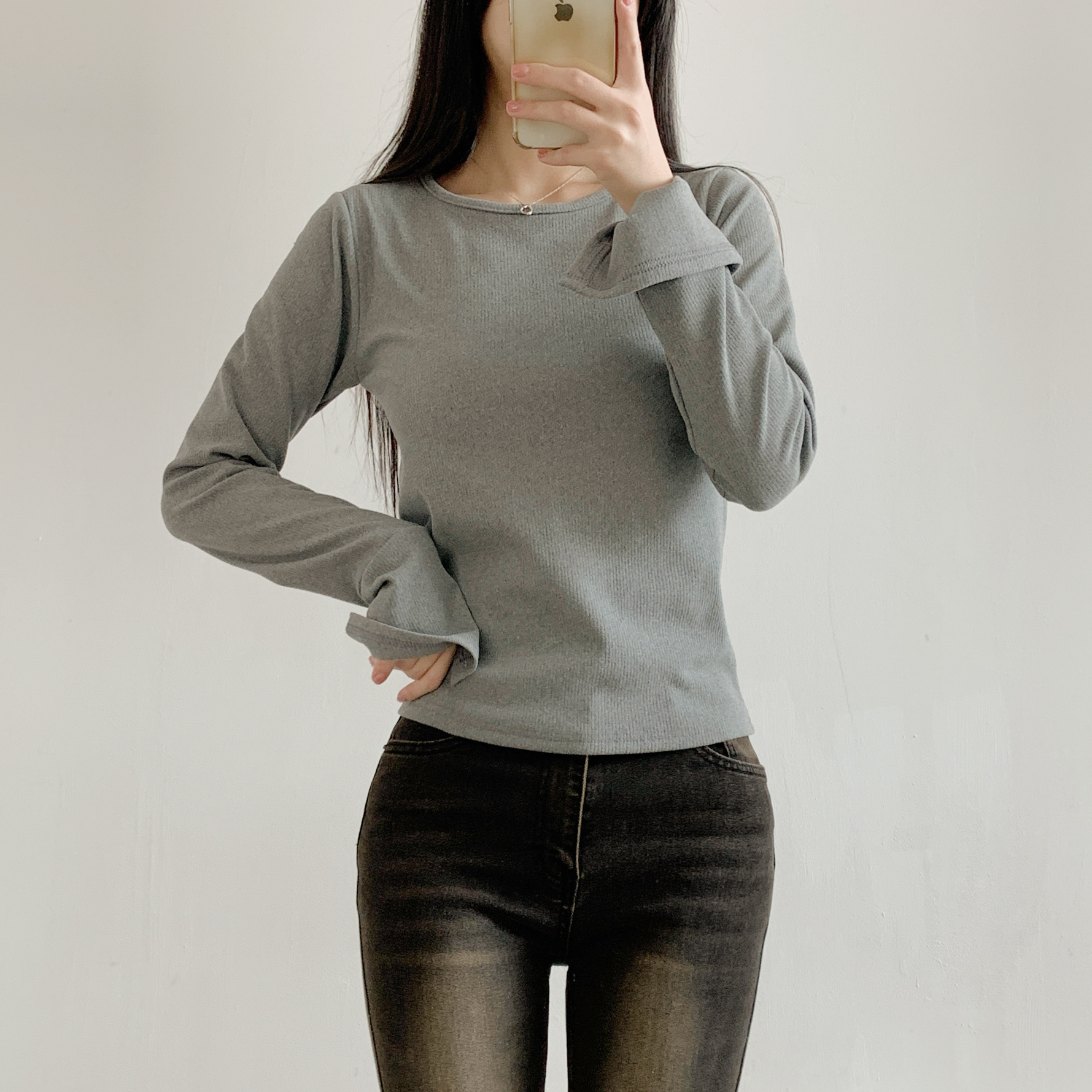 リブラウンドネックボタンスリーブカラーTシャツ | 詳細画像7